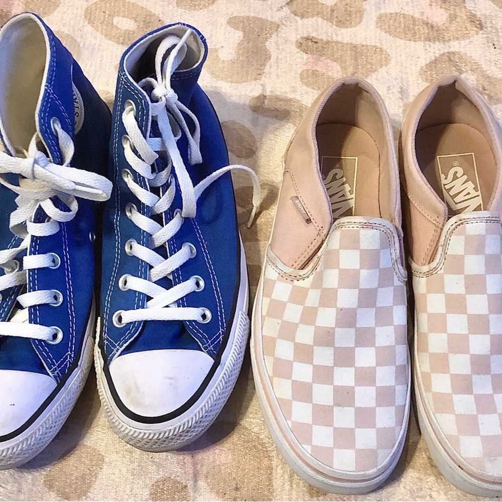 Blue Converse High Top Sneakers & Pink Checkered Vans Slip-Ons